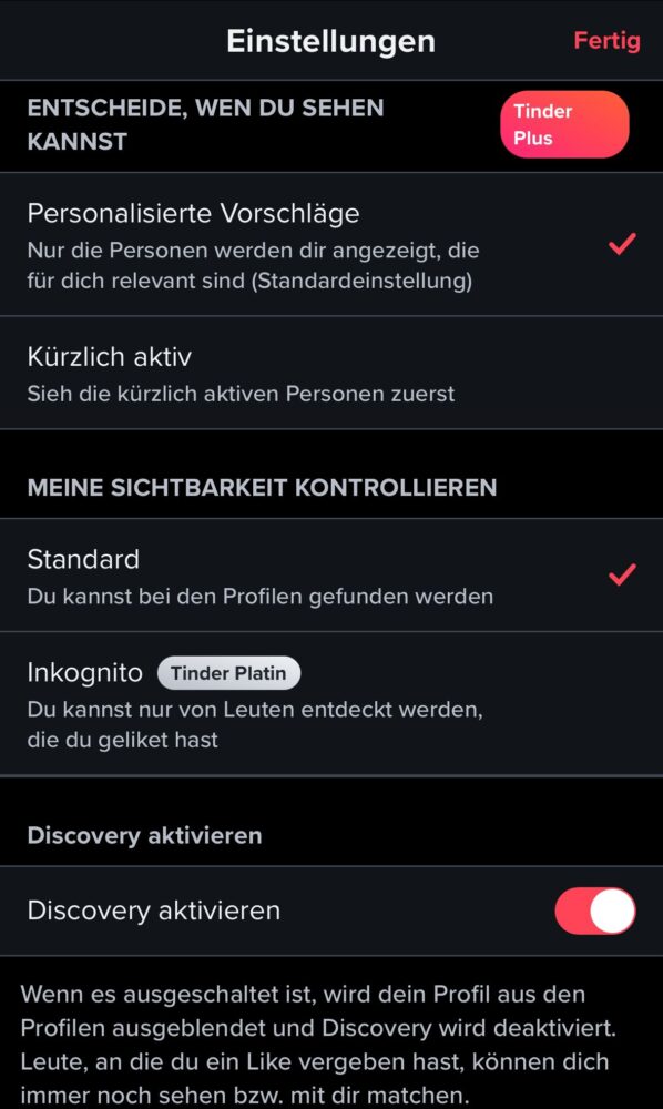 tinder bedienung_sichtbarkeit einschränken