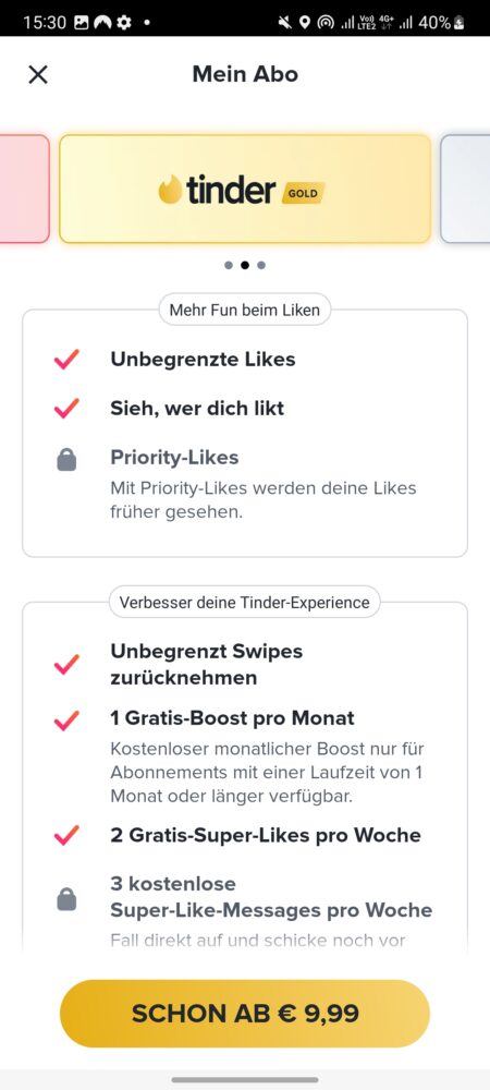So sieht Tinder Gold in der Übersicht aus.
