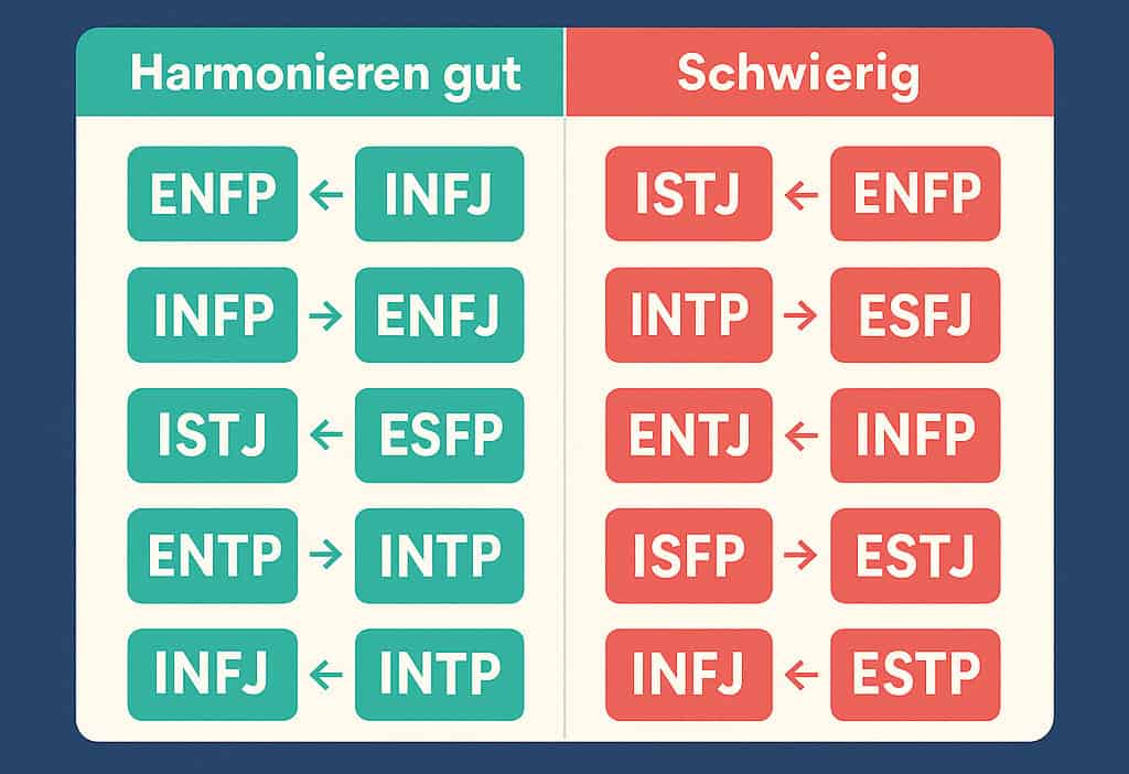 Übersicht, welche Tinder Persönlichkeitstypen gut zusammen passen und welche nicht