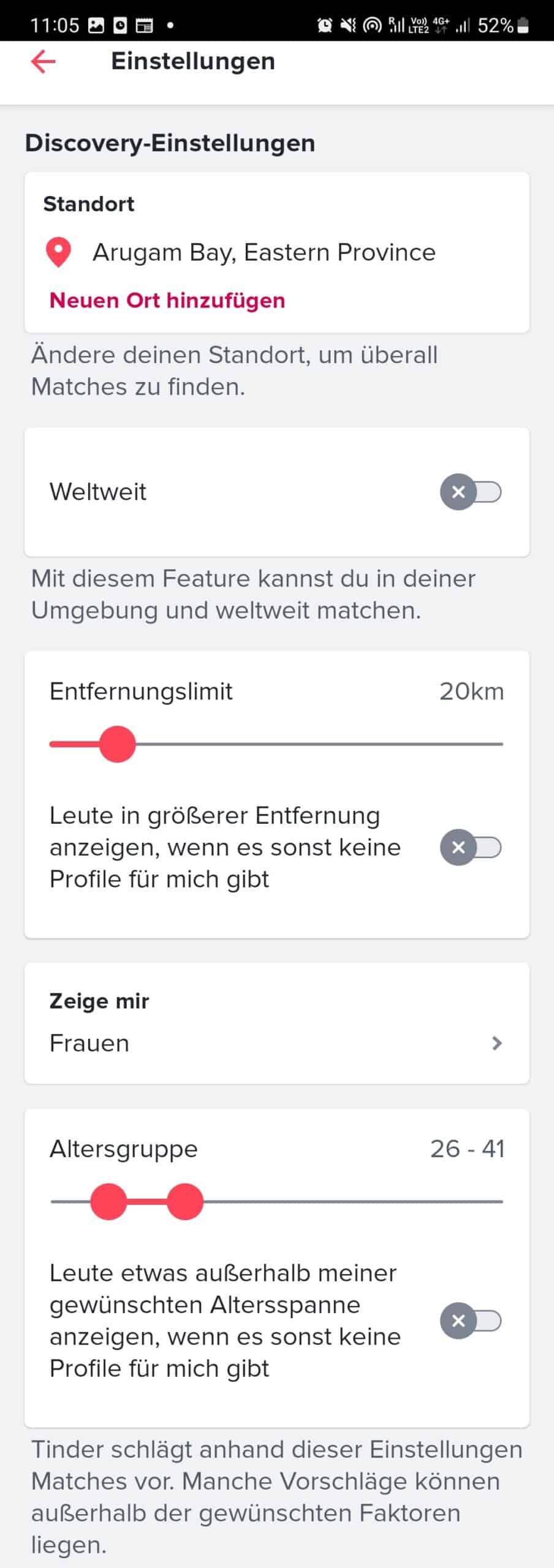 So sehen die Discovery-Einstellungen auf Tinder aus
